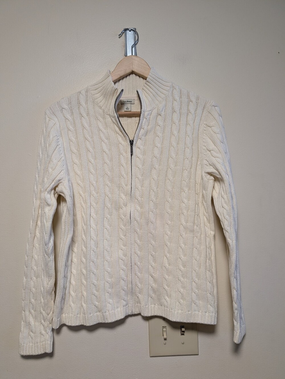L.L.Bean Cream Cable Knit Full Zip Sweater Women’s Large Cotton